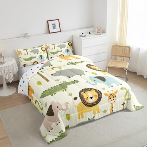 Feelyou Nursery Cute Wild Animals Bedding Set for Girls Boys Child Kids Cartoon Lion Giraffe Crocodile Comforter Decor Nature Wildlife Comforter Set Zoo Animal Theme Duvet Set Twin Size Quilt Set Feelyou