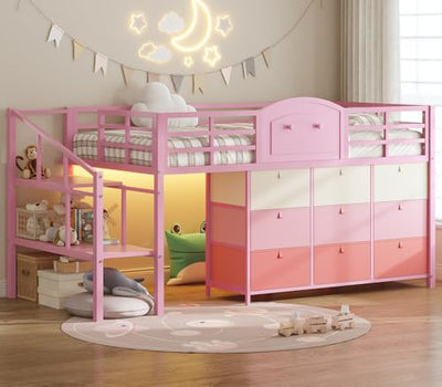 VIAGDO Low Loft Bed Twin Size with 9 Storage Drawers and LED Lights, Metal Twin Loft Bed with Stairway Shelf Storage, Low Loft Bed with Safety Guardrail and Under-Bed Hideaway for Kids, Pink