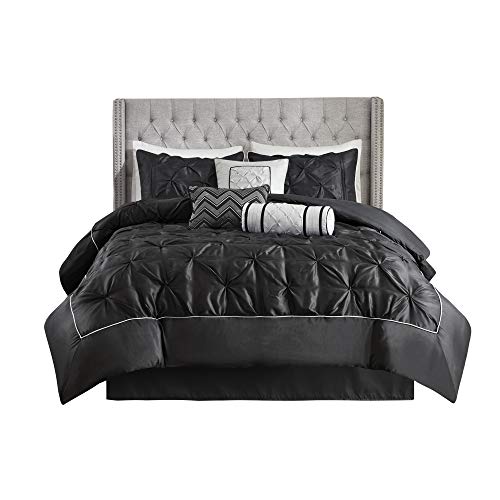 Madison Park Laurel Queen Size Bed Comforter Set Bed In A Bag - Black , Wrinkle Tufted Pleated – 7 Pieces Bedding Sets – Faux Silk Bedroom Comforters Madison Park