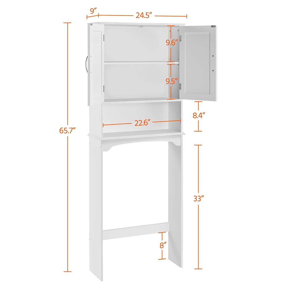 Yaheetech Over The Toilet Cabinet, Double Door Bathroom Storage Organizer, Toilet Rack with Inner Adjustable Shelf and Open Storage Shelf, White Yaheetech