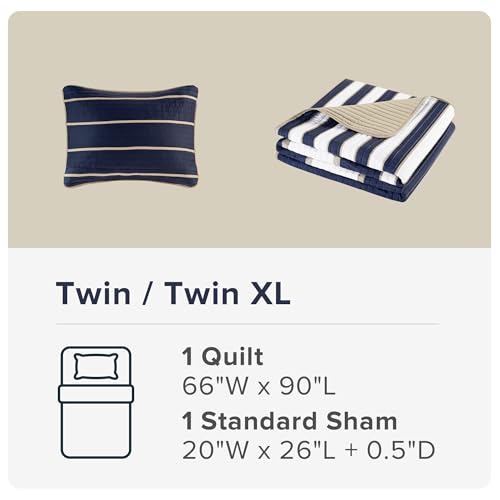 Comfort Spaces Quilt Set Trendy Casual Fun, Vibrant Color Design, Hypoallergenic All Season, Lightweight Coverlet Bedspread Cozy Kids Bedding & Sham Twin/Twin XL Verone White Blue Stripe 2 Piece Comfort Spaces