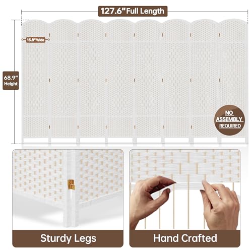 DURASPACE 8 Panel Room Divider, 6ft Tall Folding Privacy Screen, 19.5" Wide Panels, 360°Rotation, Hand-Woven Freestanding Wood Partition for Room Separation DURASPACE