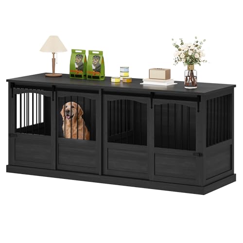 Homiflex 70.86" Double Dog Crate Furniture for 2 Medium Large Dogs Wooden Heavy Duty Dog Kennel Furniture with 2 Sliding Doors and Divider Decorative Dog Cage TV Stand End Table for Indoor Drak Grey Homiflex