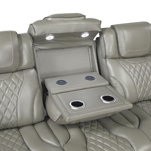 Lexicon Power Double Reclining Sofa, Center Drop-Down Table with Heat/Massage/Headrest/Storage Arms/Cup Holders/LED Lights/Wireless Charging, Top Grain Leather Match Wall Hugger Recliner Sofa, Grey Lexicon