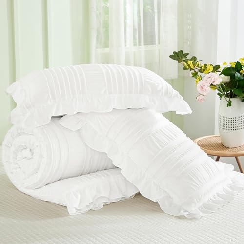 WONGS BEDDING White Comforter Set King,3 Pieces Ruffle Farmhouse Shabby Chic Boho Comforter for King Bed,Soft Textured Bedding Set with 1 Ruffle Comforter,2 Tufted Pillowcases 104"×90" WONGS BEDDING