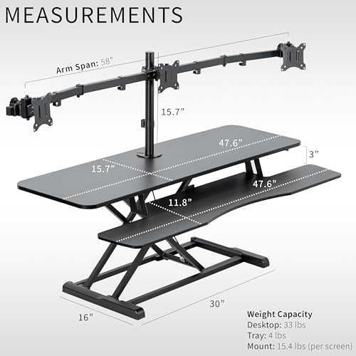 VIVO Height Adjustable 48 inch Standing Desk Converter with Triple 21.5 to 27 inch Monitor Mount, Extra Large Desk Riser, Black, DESK-KIT-48KB3C VIVO