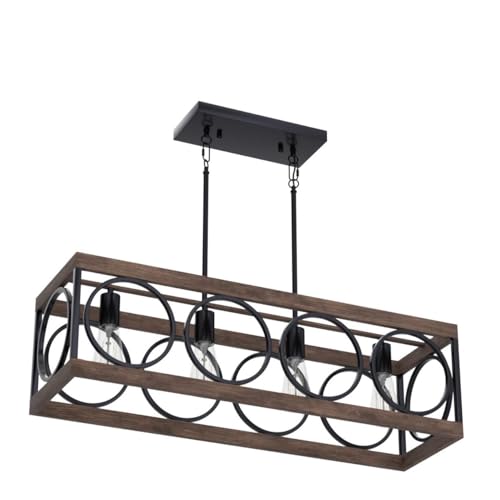 XINGQI Black Kitchen Island Light Fixtures, Farmhouse Dining Room Chandelier Rectangular Linear Chandeliers Pendant Ceiling Light Fixture for Bar Office Coffee Shop 4-Light Wood Grain XINGQI