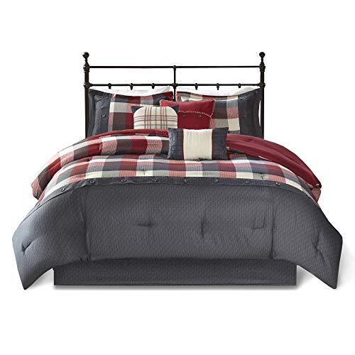 Madison Park Ridge Comforter Set - Cabin Lodge Plaid Herringbone Design, All Season Down Alternative Cozy Bedding with Matching Bedskirt, Shams, Decorative Pillow, Red Queen(90"x90") 7 Piece Madison Park