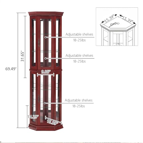BAOMKONG Tall Corner Cabinet with Glass Doors, Lighted Glass Display Curio Cabinet with Adjustable Shelves, Home Office Floor Standing Display Cabinet for Bar, Liquor Storage and Medal, Cherry BAOMKONG