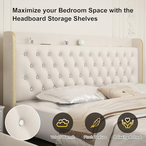 GEGOFORU Full Wingback Modern Platform Bed with Galaxy Projector, 4 Dust-Proof Storage Drawers, LED Bed Frame, USB Ports, No Box Spring Needed & Noise-Reduction Sturdy Wood Slats, Velvet Cream GEGOFORU