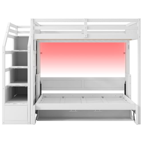 VilroCaz Full XL Size Loft Bed with Full Size Murphy Bed and Desk, Multi-Functional Solid Wood Loft Bed Frame with Storage Staircase and Light Strip, Maximize Space VilroCaz