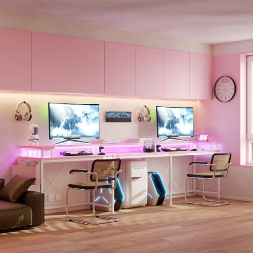 Loumernhant U Shaped Gaming Desk, 79" Reversible U Shaped Desk with Power Outlets, LED Lights, Monitor Stand & Storage Shelves, Corner Office Desk for Home Office, Gaming, Workstation (Pink) Loumernhant