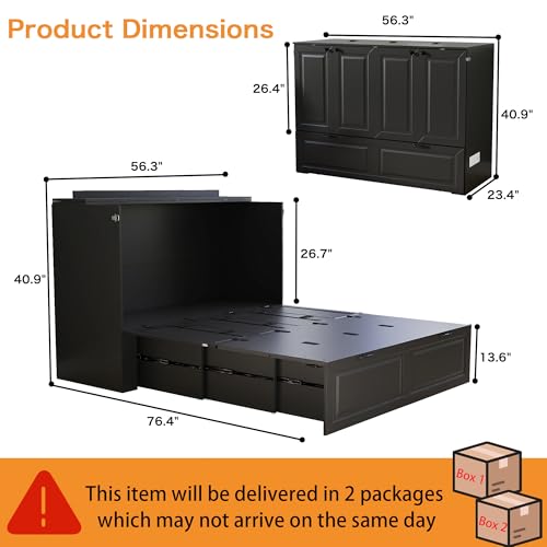 Mhsatyrs Murphy Bed Full Size: Black 2 in 1 Murphy Bed Cabinet with Drawer, Wood Cabinet Bed with Charging Station, Modern Hidden Beds for Small Spaces Mhsatyrs