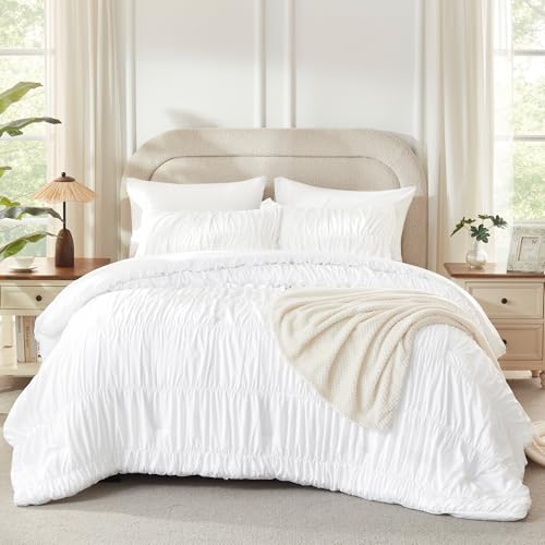 Andency Ruched White Full Size Comforter Sets, Shabby Chic Pleatd Bedding Sets 3 Pieces, Lightweight Soft Boho Ruffle Bed Set for Girls, Kids, Women, All Season Andency