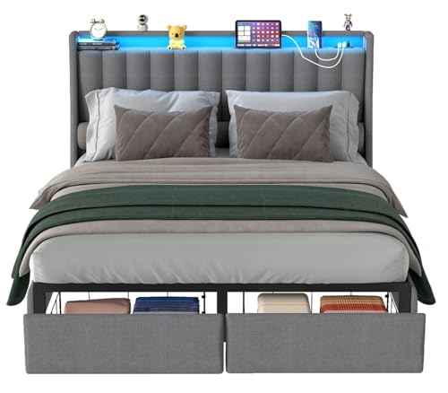 Full Bed Frame with 2 Storage Drawers, Platform Bed Frame Full Size with LED Light, Upholstered Headboard, Charging Station, Steel Slat Support, No Box Spring Needed, Noise-Free, Easy Assembly, Gray Doltoro