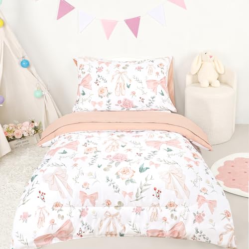 GFU 4 Piece Toddler Bedding Set, Ultra Soft and Breathable Toddler Comforter Sets for Girls Includes Quilted Comforter, Fitted Sheet, Flat Sheet and Pillowcase, Pink Flowers GFU