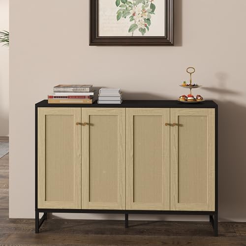 Panana Sideboard Accent Storage Cabinet with Rattan Decorated 4 Doors Dining Room Freestanding Kitchen Buffet Table Cupboard (Black) Panana