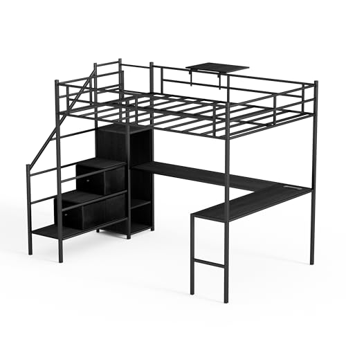 Bellemave Full loft Bed with Storage Stairs, Wardrobe, Shelves, Metal Full Loft Bed Frame with L-Shaped Desk for Adults, Kids, Teens, Black with Charging Cradle Bellemave