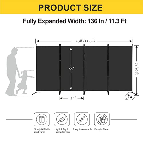 MAYOLIAH 4 Panel Privacy Screen Room Dividers 6FT Tall Portable Office Wall Divider for Rooms Separator 136"x20"x71", Black MAYOLIAH