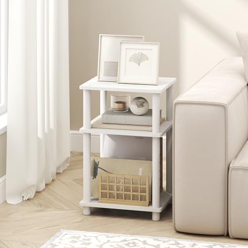 Furinno Turn-N-Tube Side Table, 3-Tier End Table with Open Shelf, Toolless Assembly Night Stand, Bedside Table, for Living Room, Bedroom, White Furinno
