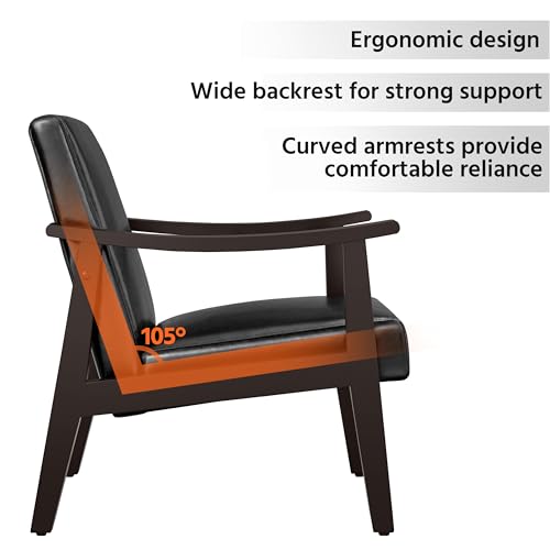 Yaheetech PU Leather Accent Chair, Mid-Century Modern Armchair with Solid Wood Legs, Reading Leisure Chair with High Back for Living Room Bedroom Waiting Room, 2 Pieces, Black Yaheetech