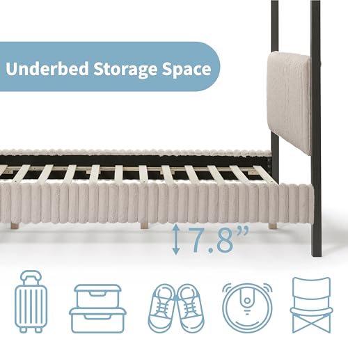 Evadne Modern Canopy Bed Frame Queen Size in Light Brown with Upholstered Channel Headboard and Wooden Slats Support HOMES: Inside + Out