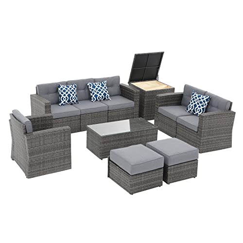 Super Patio 10 Piece Patio Furniture Set, PE Wicker Outdoor Conversation Furniture Set with Ottomans, Storage Box, Coffee Table, Cushions, Clip, Sectional Rattan Sofa for Garden, Porch, Backyard, Grey Super Patio