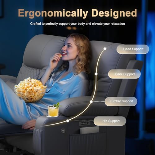 Power Loveseat Recliner Sofa, Electric Reclining Loveseat Couch with Console, Home Theater Seating with Bluetooth Speaker & LED Light, Zero Wall Hugger RV Sofa Furniture with Built-in Outlet & Storage