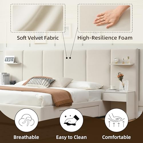 QNZK King Bed Frame with Storage & Built-in Nightstands, Velvet Upholstered Platform Bed Frame with Drawers & 2 Floating Storage Shelves, Noise-Free, No Box Spring Needed, Easy Assembly, Beige QNZK