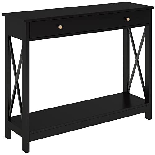 Treocho Black Console Table with Drawer and Storage Shelves, Foyer Sofa Table Narrow for Entryway, Living Room, Hallway Treocho