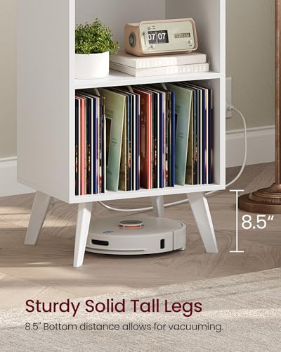Yzosvki Record Player Stand, 3-Tier Side End Table with Charging Station, Turntable Stand Up to 160 Albums, Vinyl Storage Cabinet Dispaly Shelf for Living Room, Classic White Yzosvki