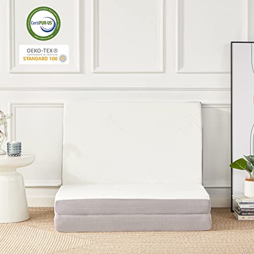 Lazyzizi Folding Mattress, 4 Inch Memory Foam Tri-fold with Breathable Bamboo Fiber Fabric Cover, Foldable Floor Mattress Guest Bed for Camping, Road Trip, Twin Lazyzizi