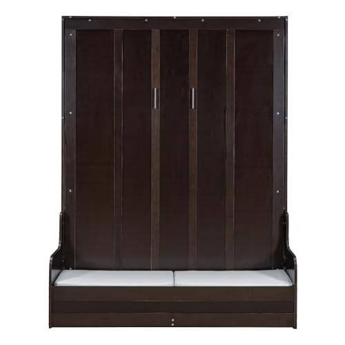YOPTO Murphy Bed Cabinet Queen Size with Cushion,Folding Wall Bed Frame W/Sofa Chair and Wood Slat Support,Space-Saving Hidden Platform Bed for Bedroom,Guest Room,Home,Office,Espresso YOPTO