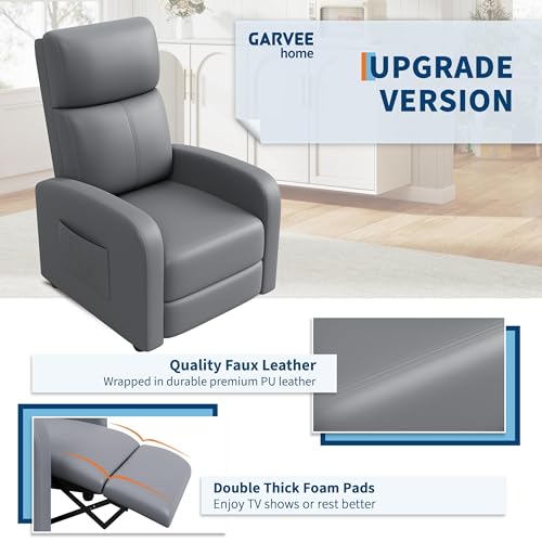 Garvee Recliner Chair for Adults, Leather Lazy Recliner Ergonomic Adjustable Single Sofa Enhanced with Side Pocket, Tall Back, Wide Arms & Padded Seat, Home Theater Seating for Living Room, Grey