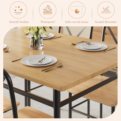 VECELO 5-Piece Kitchen Dining Table Set, Wood Tabletop & Heavy-Duty Metel Frame, Rectangle Dinette with 4 Chairs for Small Space, Breakfast Nook, Natural Black VECELO
