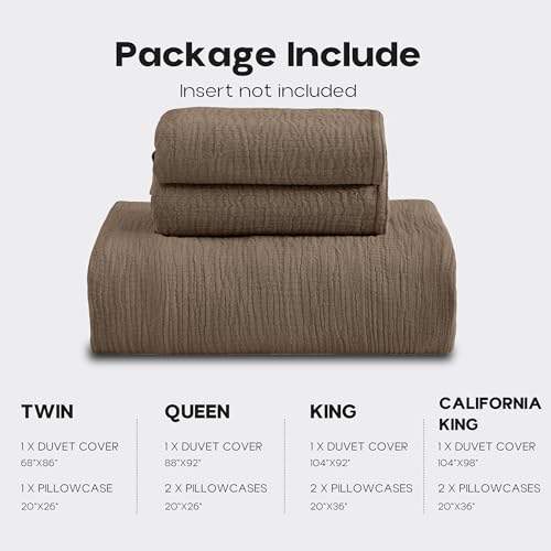 Simple&Opulence Linen Muslin Duvet Cover Set Queen Size, 3Pcs Brown Linen Cotton 3-Layer Gauze Minimalist Comforter Cover 88”x92”, Ultra Soft Breathable Seersucker Bedding Set with 2 Pillowcases Simple&Opulence