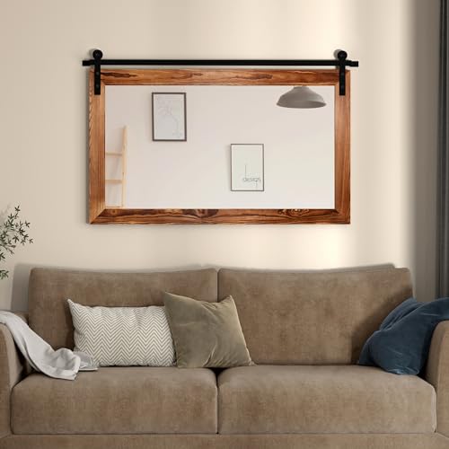 COGOOD Farmhouse Barn Door Mirror - 41" x 26" Rustic Wood Framed Wall Mirror for Bathroom, Living Room, Bedroom Wall Decor (Brown) COGOOD