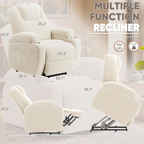 Power Lift Recliner Chair for Elderly with Massage Electric Lift Recliner Chairs with Cup Holders Side Pockets for Living Room (Corduroy, White) Shahoo