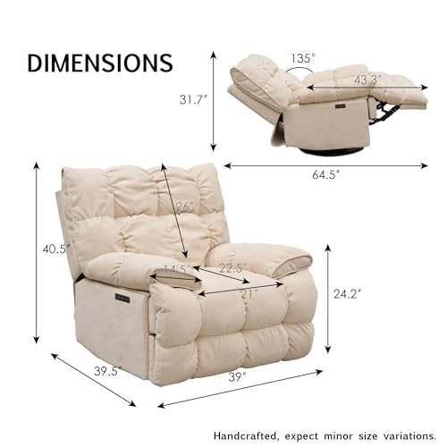 Power Glider Rocker Recliner Chair 360° Swivel Electric Lay-Flat Motion Seating Overstuffed Pillow-Top Arms Plush High Back Lumbar Support USB Charging Ports Smooth Quiet Motor (Cream White) WEALTHKING