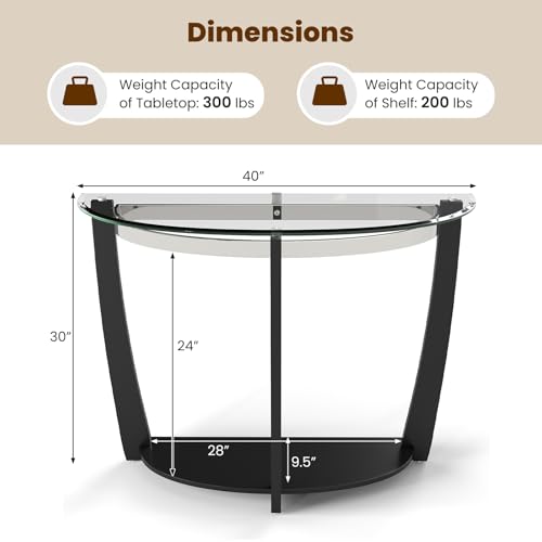 Giantex 2-Tier Glass Console Table, Half Moon Modern Entryway Table with Tempered Glass Top & Open Storage Shelf, Narrow Long Sofa Table for Living Room, Hallway, Foyer, Entrance (Black) Giantex