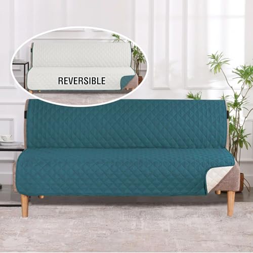 H.VERSAILTEX Reversible Futon Cover Water Repellent Armless Sofa Slipcover Washable Furniture Protector with Adjustable Elastic Strap Anti-Slip Futon Bed Cover for Dogs 70" Width Seat(Dark Teal/Beige) H.VERSAILTEX