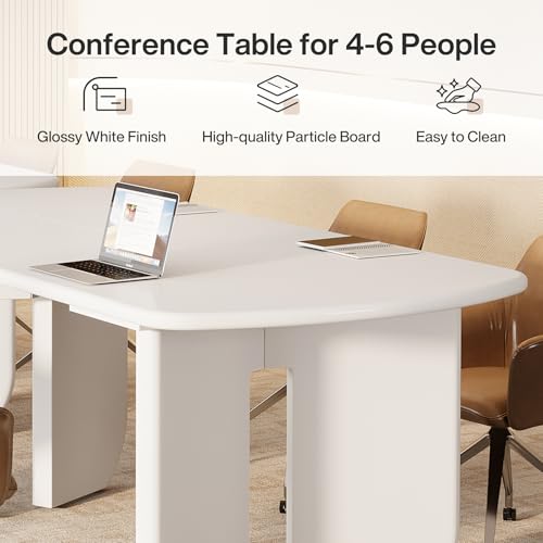 Tribesigns 5ft Conference Table for 4-6 People, 63" Large Meeting Table with Rounded Edges & Curved Base, Rectangle Conference Room Table, Modern Minimalist Workstation for Office, White Tribesigns
