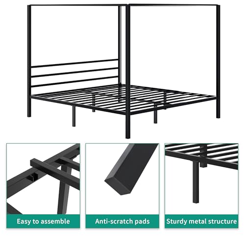 YITAHOME Canopy Bed Frame Queen Size Metal Four Posters 14 Inch Platform with Built-in Headboard Strong Metal Slat Mattress Support, No Box Spring Needed, Black