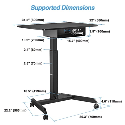 AVLT 44" Height Adjustable Foot Pedal Rolling Desk with Shelf (3 ft 8 inches) - Pneumatic Laptop Standing Desk Cart - Mobile Laptop Cart - Black Computer Projector Cart with Brake Casters AVLT