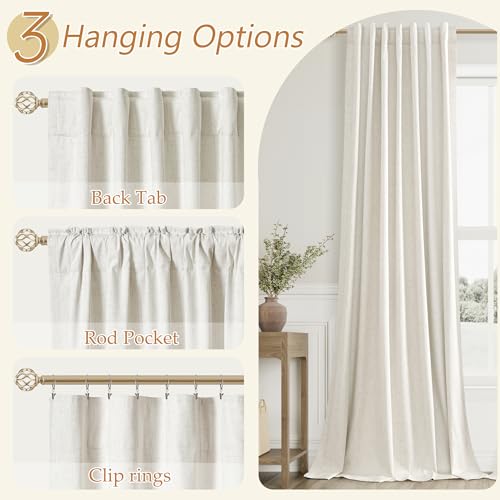 Cream Linen Blackout Curtains 108 Inch Length 2 Panels Set for Living Room Bedroom Back Tab Thermal Insulated 100% Black Out Linen Drapes Room Darkening Window Curtains 108 Inches Long Ivory Natural Guken