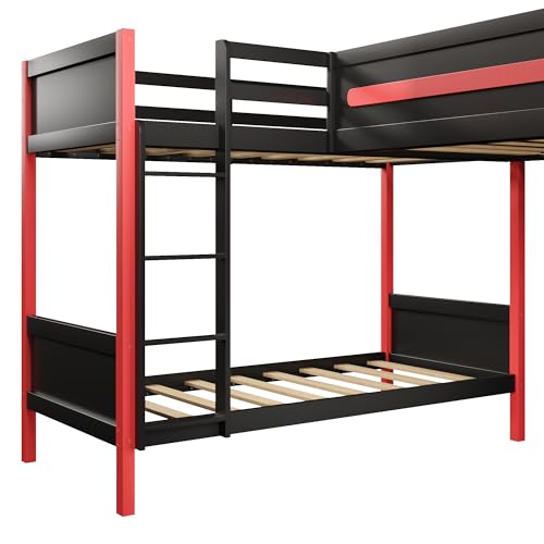 Gaming Triple Bunk Bed with Desk & LED Light & Storage Shelves,Wooden Twin Size L-Shaped Bunk Bed Frame with 3 Beds,Safety Guardrails & Ladders for Gamers Teens Adults,Wood Slat Support,Black Red FUvellamo