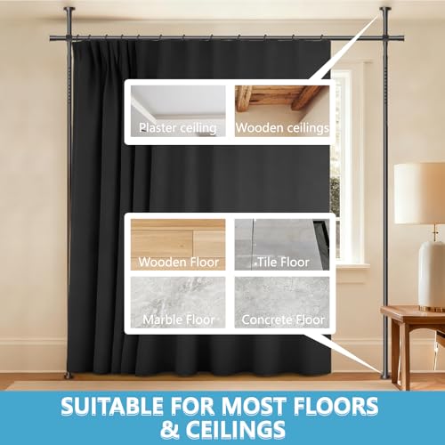 JILRON No-Drill Room Divider Curtain Set: Includes 106" W x 84" L Black Curtain & Adjustable Pole Brackets (35-100" W x 43-120" H Adjustable Range) Jilron