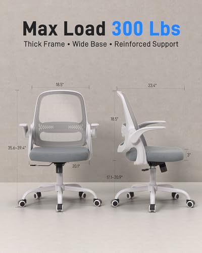 Ergonomic Mesh Office Chair for Home Office, Flip-Up Arms, Breathable Mesh Back & Thick Seat Cushion, Swivel Rolling Computer Desk Chair – BIFMA Certified, Supports 300 lbs (White Frame/Gray Seat) amseatec