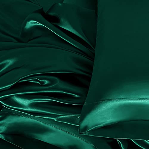 Homiest 4pcs Satin Sheets Set Luxury Silky Satin Bedding Set with Deep Pocket, 1 Fitted Sheet + 1 Flat Sheet + 2 Pillowcases (Queen Size, Blackish Green) Homiest