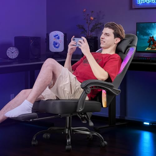 GTPLAYER Gaming Chair with Light Strip& Footrest,Recliner Chair Headrest & Lumbar Support, Linkage Armrest,Ergonomic Gaming Chair, High Back Office Home, Black GTPLAYER